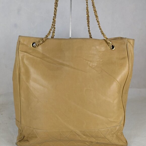 CHANEL Leather Matelasse Chain Shoulder Bag Lamb Skin Beige CC Auth - Picture 1 of 12